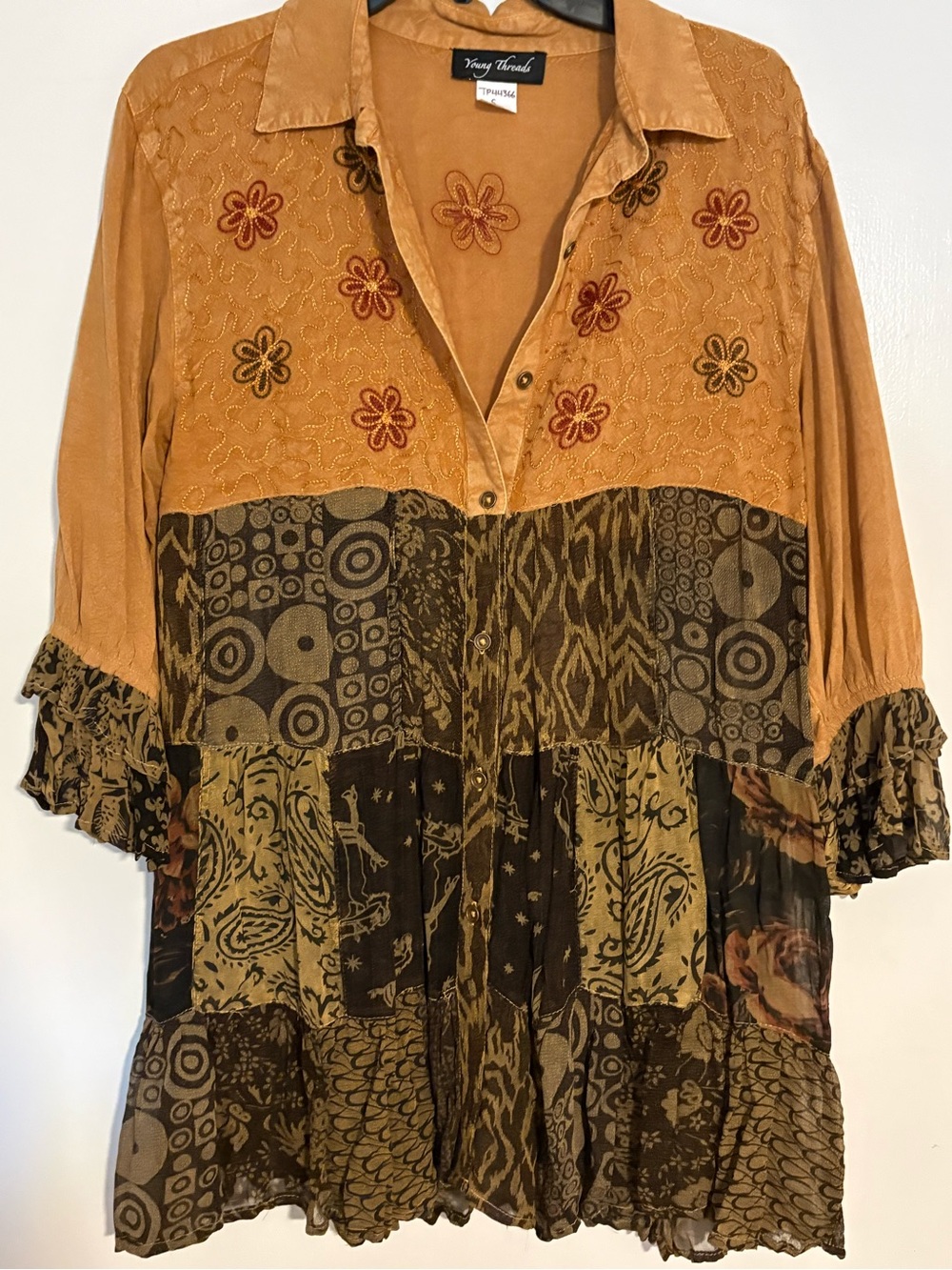 NEW Young Threads Camel Embroidered Patchwork Boho Tunic Small